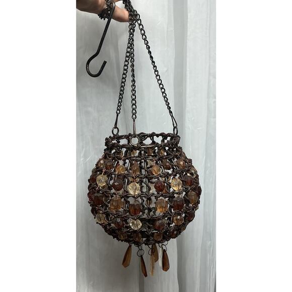 other Other - Vintage Hanging Metal Basket Beaded Tea Candle Holder Yellow Orange Red Beads